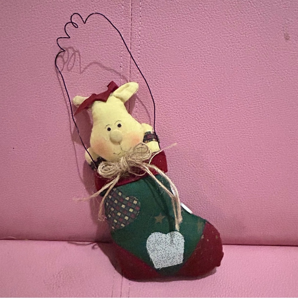 Ornament With Plush Reindeer Inside Stocking Wire Hanger 6”